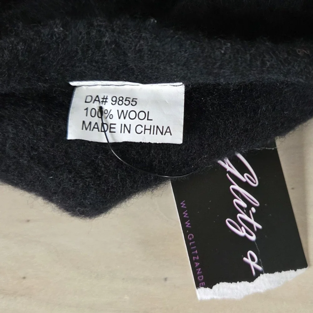 100% Wool Black Beret Hat w/Large Silver Rhinestone Jewel Embellishment
